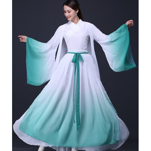 Women's Chinese folk dance costumes female fairy hanfu cosplay dresses green gradient colored stage performance guzheng dress